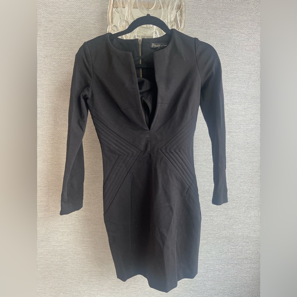 ELIZABETH AND JAMES LONG SLEEVE V NECK ZIPPER SHEATH DRESS XS SOLID BLACK